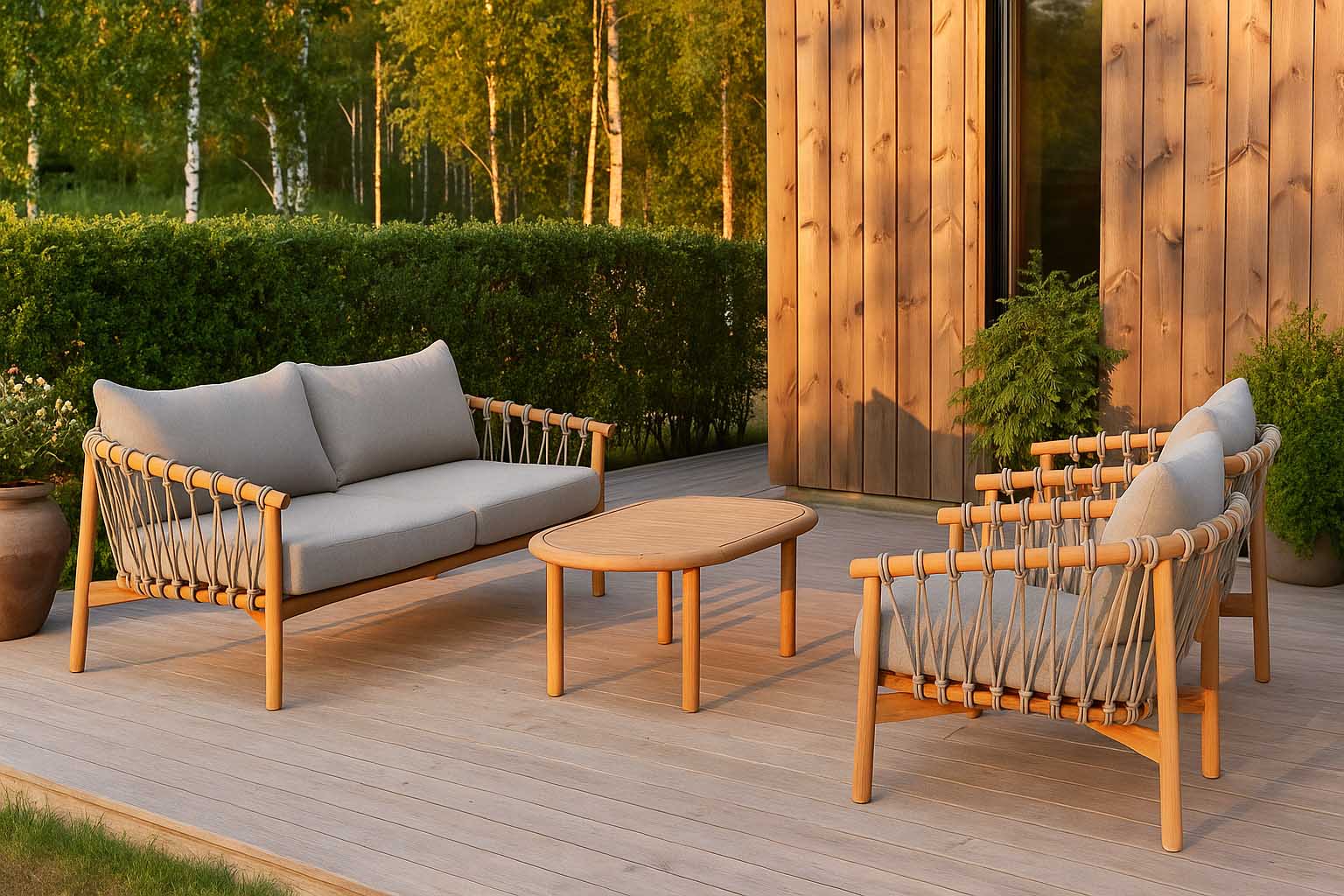 Alva soffgrupp Teak med beige dyna 3-sitssoffa, 2 st fåtöljer & bord 110x60 cm