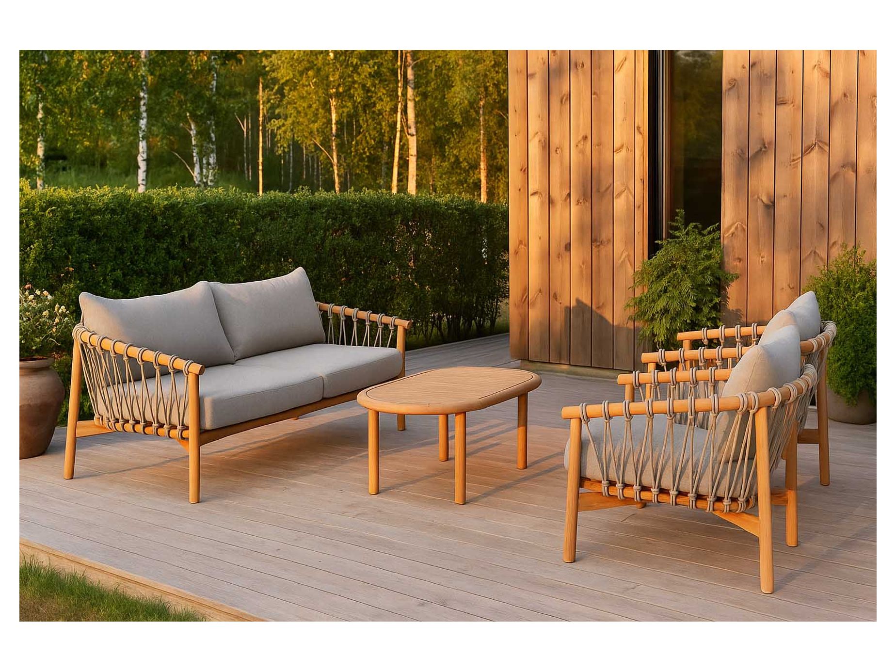 Alva soffgrupp Teak med beige dyna 3-sitssoffa, 2 st fåtöljer & bord 110x60 cm