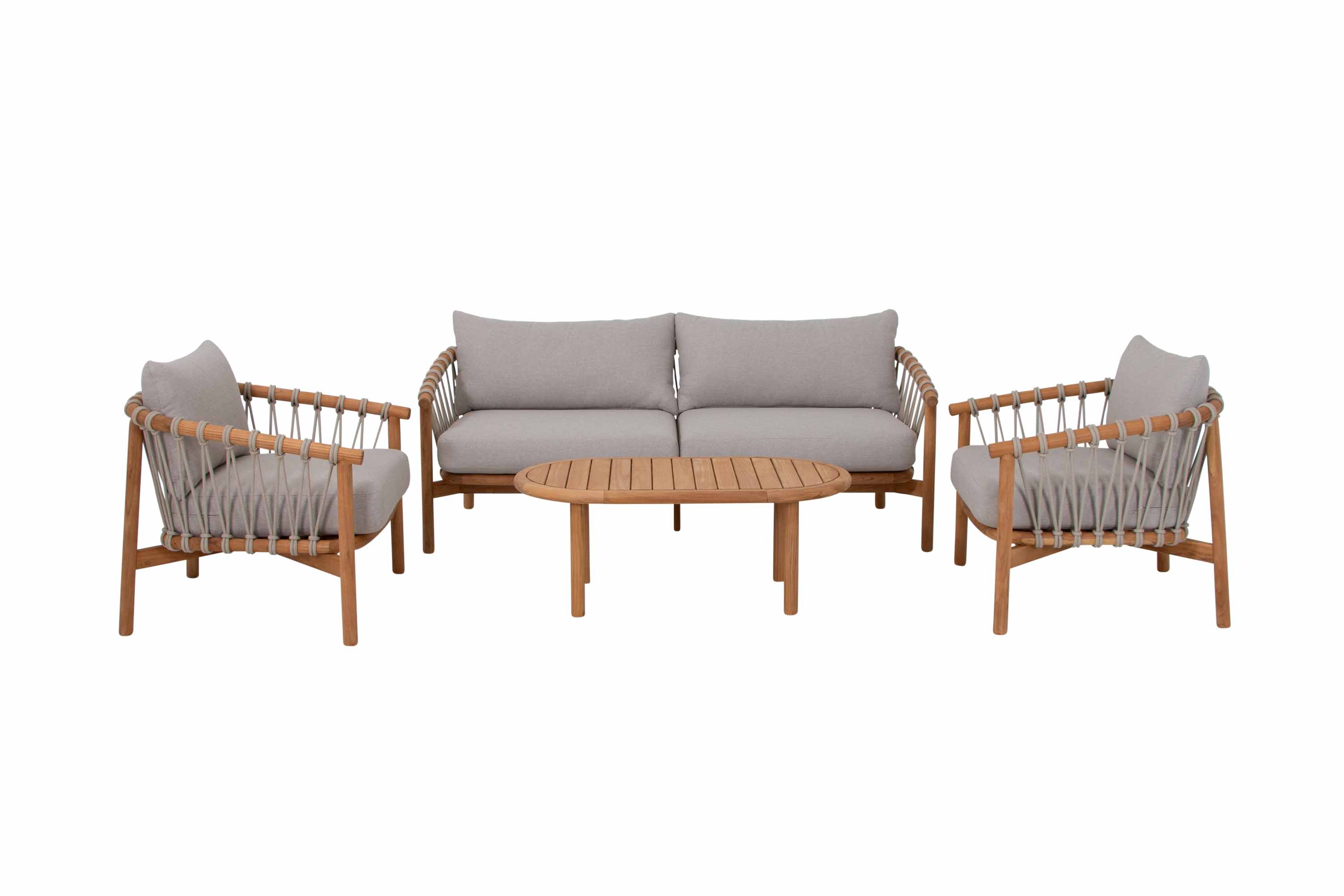 Alva soffgrupp Teak med beige dyna 3-sitssoffa, 2 st fåtöljer & bord 110x60 cm