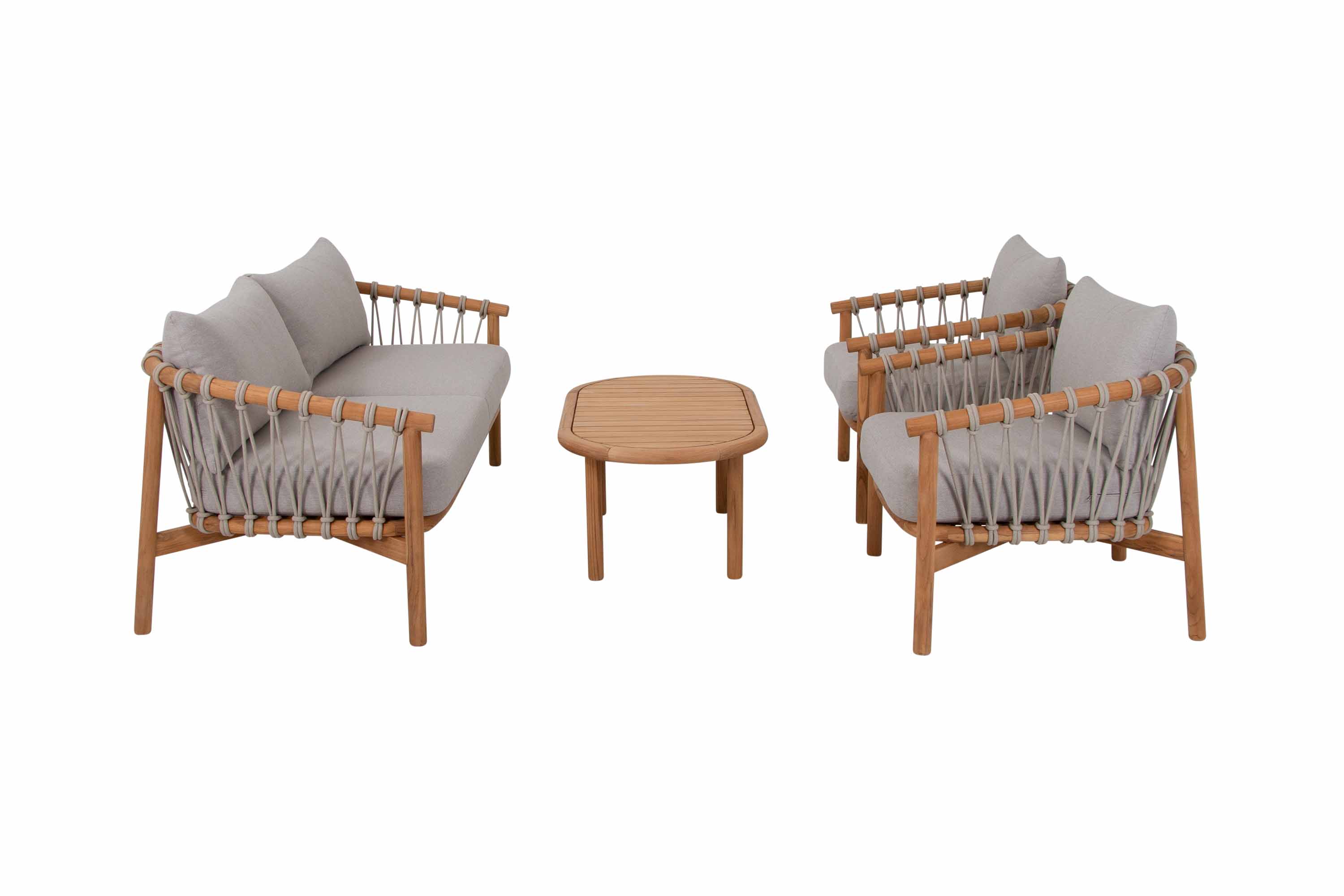 Alva soffgrupp Teak med beige dyna 3-sitssoffa, 2 st fåtöljer & bord 110x60 cm