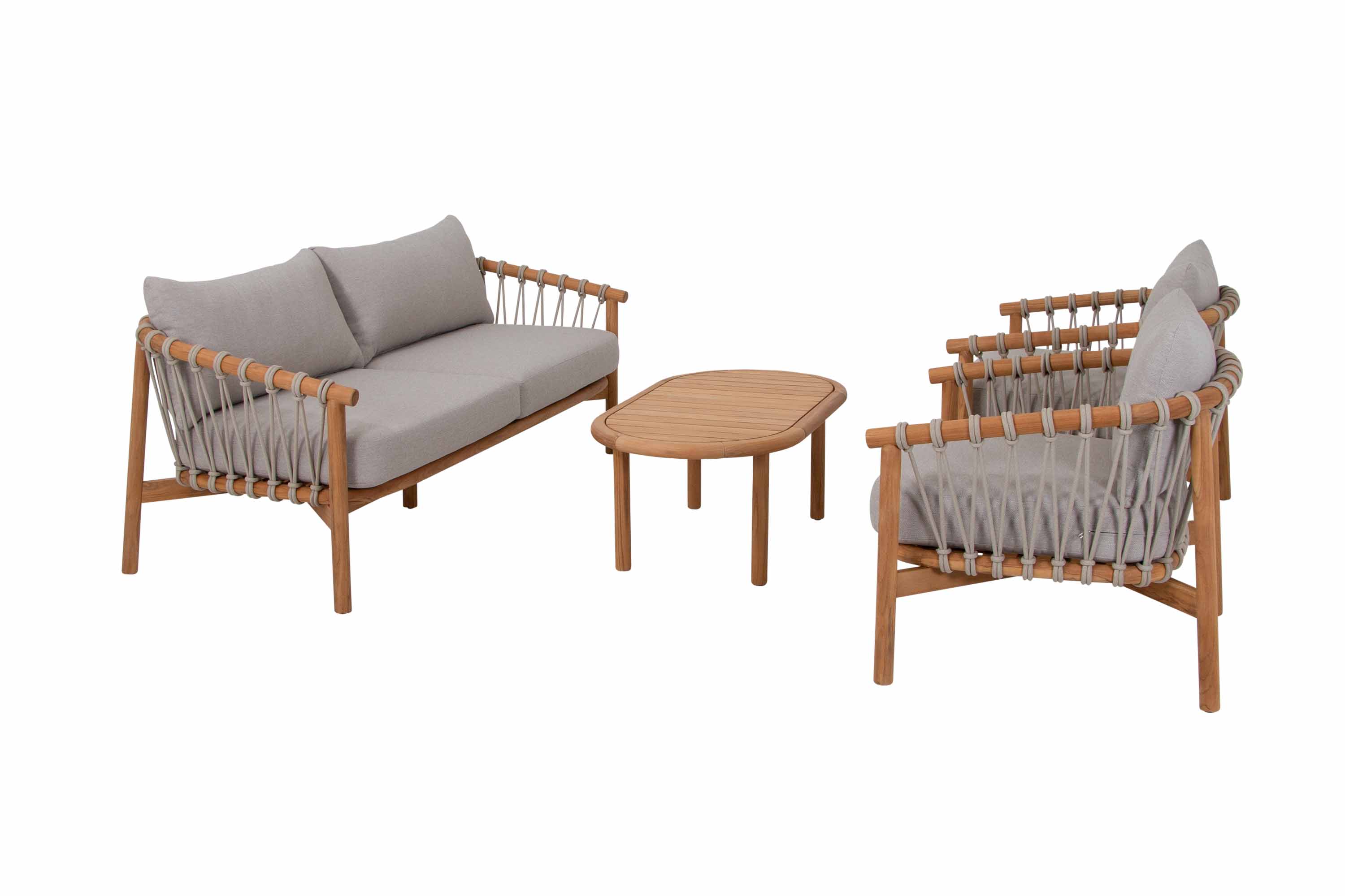 Alva soffgrupp Teak med beige dyna 3-sitssoffa, 2 st fåtöljer & bord 110x60 cm