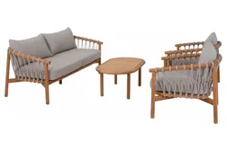 Alva soffgrupp Teak med beige dyna 3-sitssoffa, 2 st fåtöljer & bord 110x60 cm